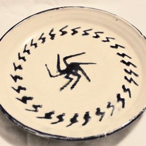 Vintage Ceramic Hand Made Painted Signed by Artist Meera Dark Blue Plate Pottery